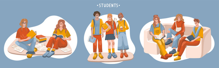 Group of Students. Higher education in college, university, or secondary school. Campus life scenes. Vector.