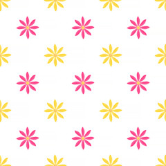 abstract seamless pattern: purple and yellow flowers against white