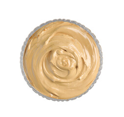 Glass of delicious dalgona coffee isolated on white, top view