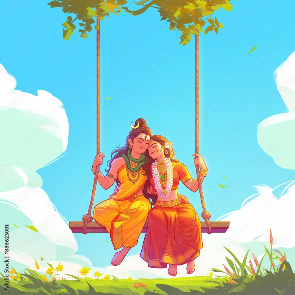 Wall mural simple illustration of a lord shiva and parvati on a swing.