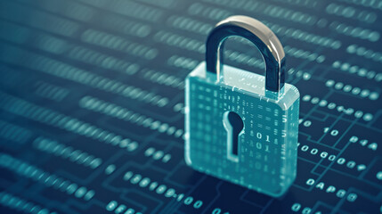A digital padlock on a virtual background represents cybersecurity, data protection, encryption, secure communication, and online privacy in a digital age.