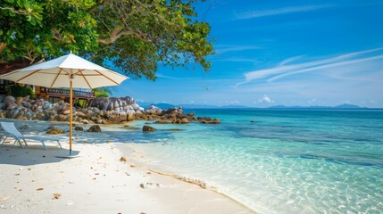 Fototapeta premium Tranquil Tropical Beach with Lounge Chair under Palm Trees