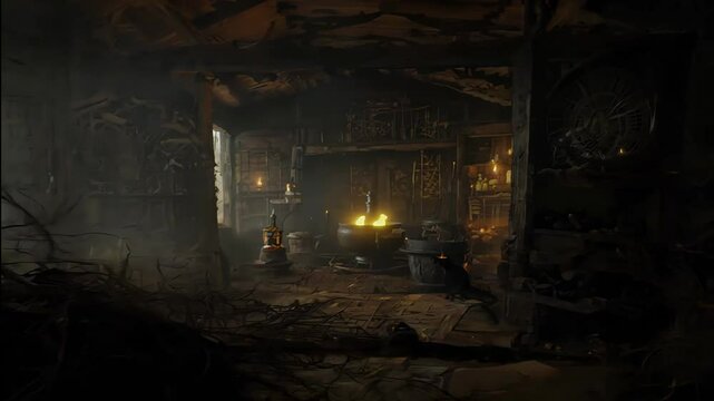 A dark, abandoned witch's hut revealing a dark, creepy interior with burning candles and a cauldron