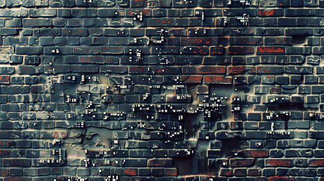 Close-Up of a Weathered Brick Wall with Digital Noise and Fragmented Code Texture