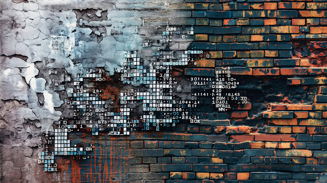 Close-Up of a Weathered Brick Wall with Digital Noise and Fragmented Code Texture
