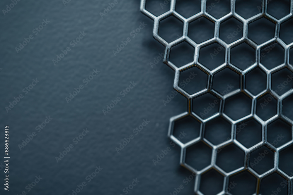 Poster close-up of a shiny metallic hexagonal grid pattern on a dark blue background, showcasing modern des