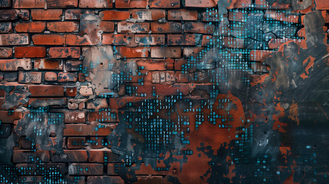Close-Up of a Weathered Brick Wall with Digital Noise and Fragmented Code Texture