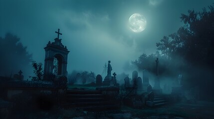 Fototapeta premium Eerie Graveyard Shrouded in Fog and Moonlight,Haunting Supernatural Landscape