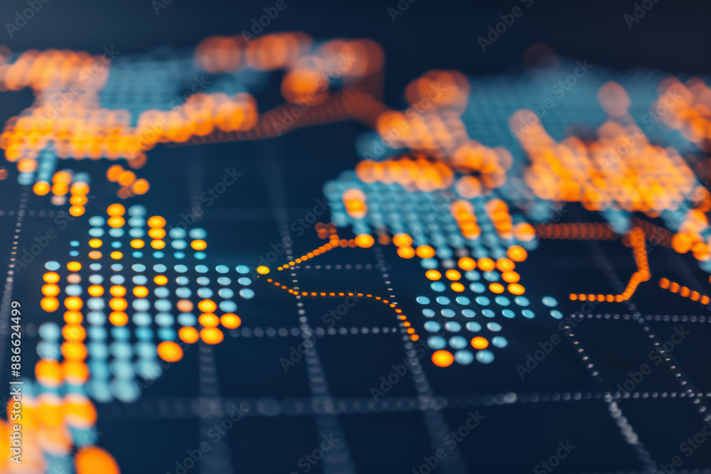 Poster abstract digital world map visualization with glowing dots, representing global data network, connec