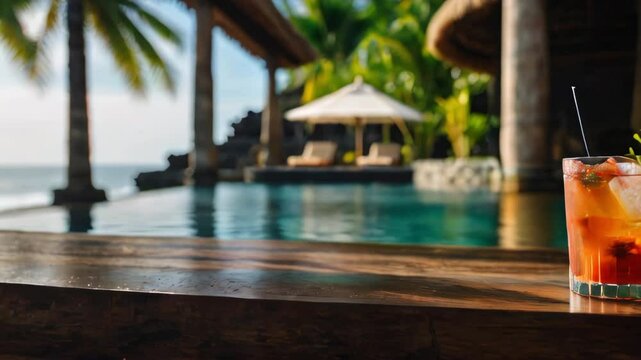 Cocktail with empty copy space on trendy summer Bali style