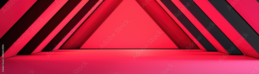 Poster abstract futuristic geometric tunnel with red and black triangular shapes and glowing lights, creati