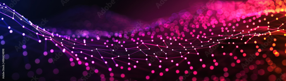 Poster abstract digital network background with colorful glowing dots and lines creating a dynamic wave pat