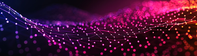 Fototapeta premium Abstract digital network background with colorful glowing dots and lines creating a dynamic wave pattern. Futuristic and technological design.