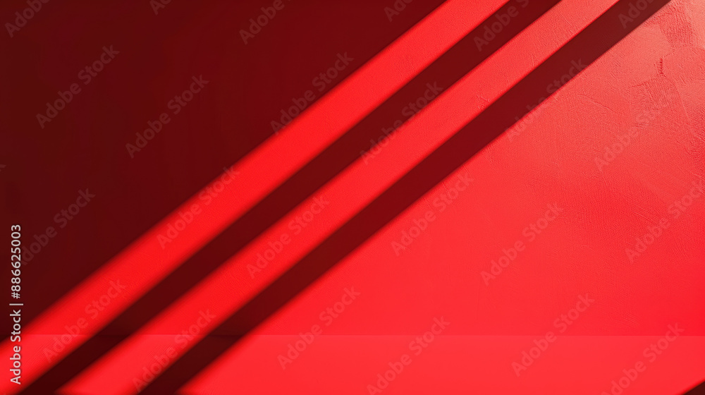Poster abstract red wall with geometric shadows creating diagonal lines. vibrant color, sharp contrast, and