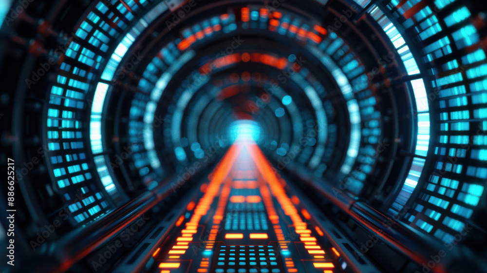 Poster futuristic tunnel illuminated with vibrant blue and orange lights, creating a high-tech and sci-fi a