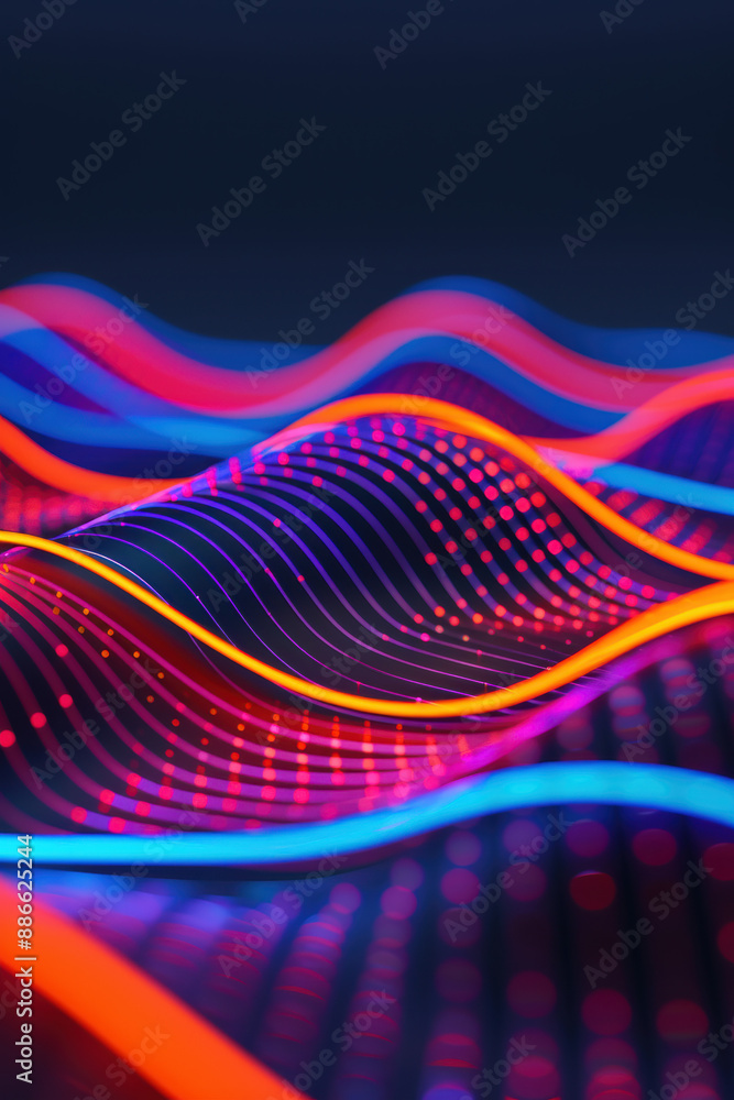 Poster futuristic neon wave pattern in vibrant colors, showcasing dynamic curves and dots, perfect for tech