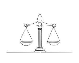 Continuous one line drawing of judicial scales law. Libra symbol simple outline illustration. Editable line vector