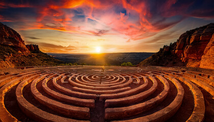 Evening landscape at sunset, a mysterious labyrinth in a canyon, blurred background