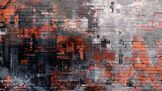Close-Up of a Weathered Brick Wall with Digital Noise and Fragmented Code Texture