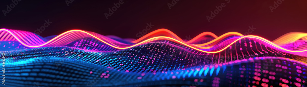 Poster a vibrant digital wave of neon lines and dots on a dark background, representing technology, data fl