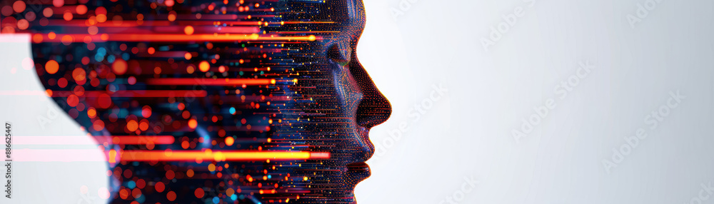 Poster abstract side profile of a face with glowing digital particles and neon lines symbolizing artificial