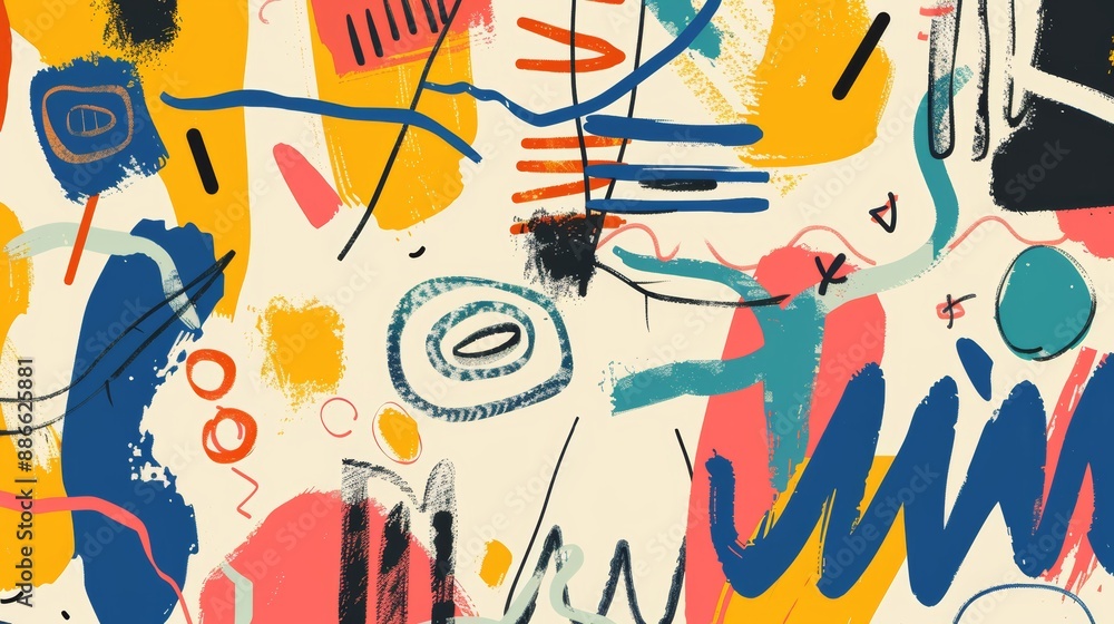 Aufkleber abstract background with brush strokes, scribbles, dots and doodle elements composing a modern art c