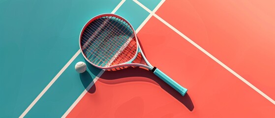 This flat design illustration showcases a minimalistic 3D tennis court with a tennis racket and ball placed strategically to create a balanced composition. The clean lines and ample copy space make