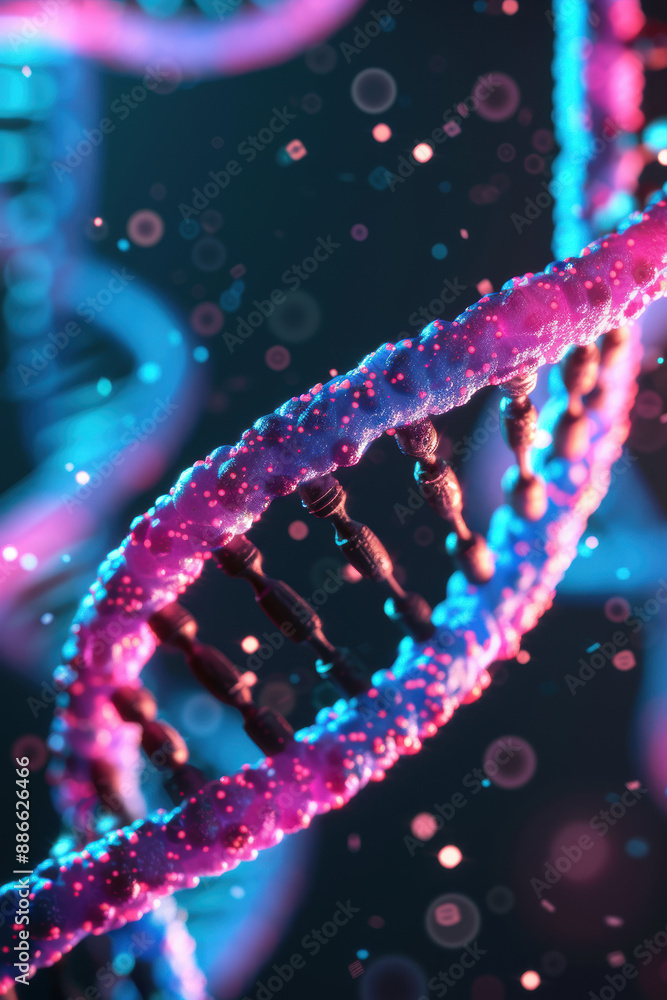 Poster vibrant and colorful close-up of a dna helix, showcasing the intricate and mesmerizing structure of 