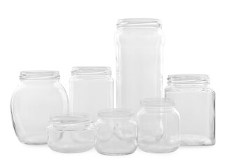 Many empty glass jars isolated on white