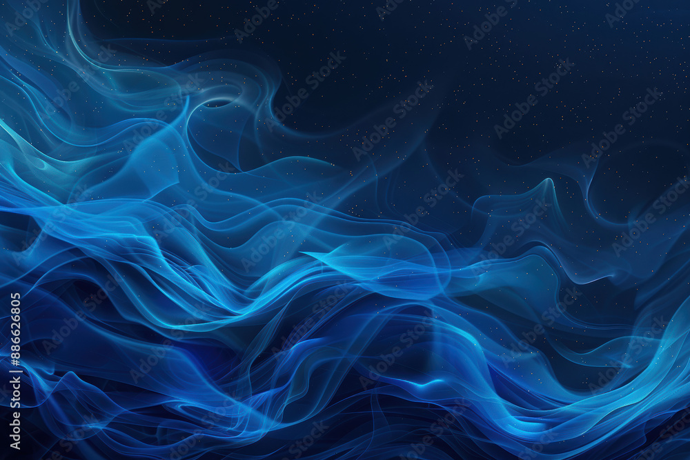 Poster mystical blue waves of light and particles creating an ethereal and abstract sea against a starry ni