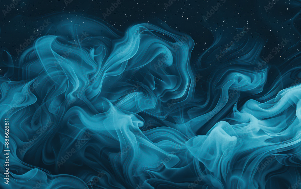 Poster surreal abstract background with blue smoke on a black starry backdrop, creating an ethereal and mys