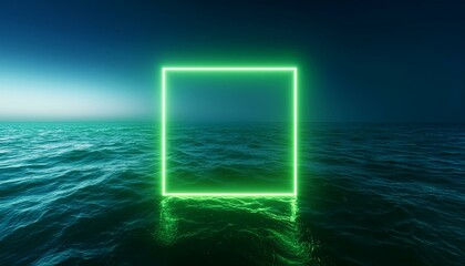 Abstract animation of a green neon square frame glowing over the dark blue ocean surface