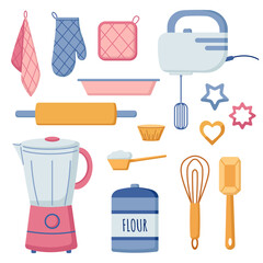 baking tools set, items for culinary and baking, cooking, kitchen, bakery supplies, blender, can with flour, kitchen towel, mixer, measure, baking sheet, cookie forms, whisk, spatula, rolling pin