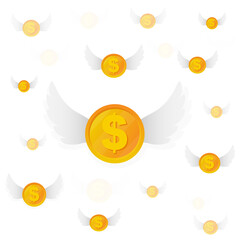 flying golden coins with wings isolated on white background. Vector illustration.