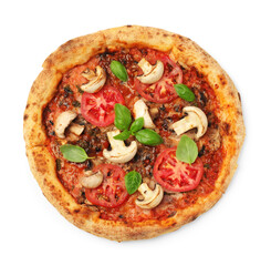 Tasty pizza with basil, mushrooms and tomato isolated on white, top view