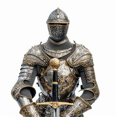 A knight in ceremonial armor, with intricate engravings and a polished finish, holding a ceremonial sword, isolated on white background.