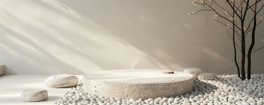 A minimalist stone podium with a smooth finish, surrounded by small, polished white stones. The simple, elegant setup highlights the product's sophistication.