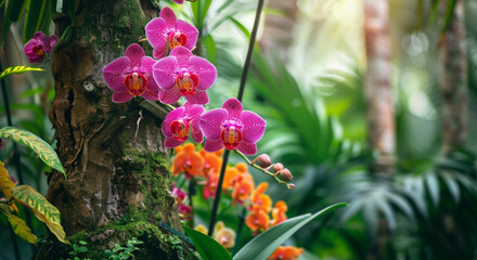 Fototapeta premium Colorful orchid flowers growing on a tree trunk, very beautiful and captivating. landscape beautiful orchid.