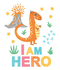 Scandinavian hand drawn illustration with dinosaur, dragon. Children's poster, poster, pajamas