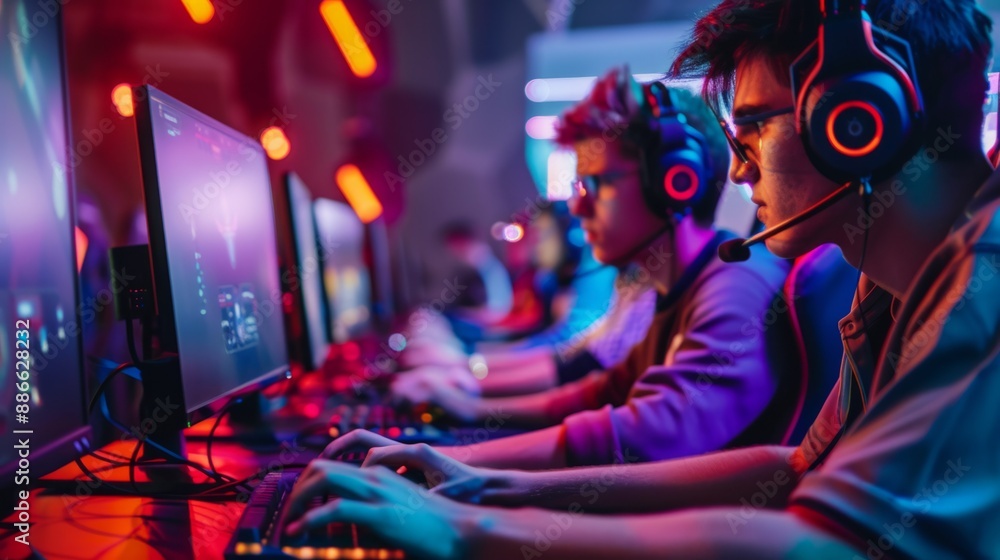 Poster Gamers in a dimly lit room intensely focus on computer screens, hands moving swiftly across keyboards. Colorful lights create an atmosphere of excitement