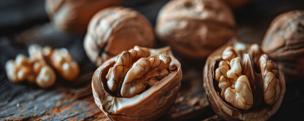 A macro view of freshly cracked walnut halves, showcasing the intricate patterns and textures of the nut meat. The walnuts are placed on a dark, textured wooden surface.