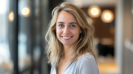 Obraz premium Portrait of a Smiling French Young Woman with Blonde Hair and Blue Eyes Ideal for Corporate or Personal Design Projects