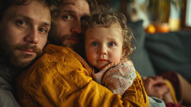 A close-up shot of a man cradling a baby in his arms, conveying warmth and tenderness