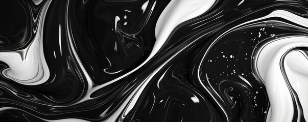 Abstract fluid art background featuring bold black and white swirls, creating a striking monochromatic pattern with high contrast and dynamic movement.