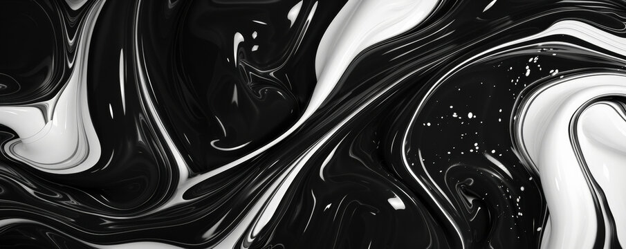 Abstract fluid art background featuring bold black and white swirls, creating a striking monochromatic pattern with high contrast and dynamic movement.