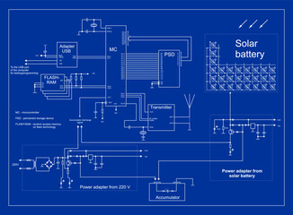 Vector drawing of the electrical functional circuit
of an electronic device operating under the control
of a microcontroller. The device is powered
by a solar battery. Alternative energy source.