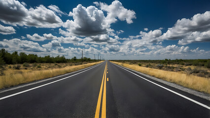 Obraz premium A straight asphalt highway with blue sky