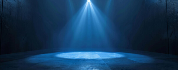 A minimalist dance stage with a single blue spotlight illuminating the center. The background is dark, with subtle blue light accents creating a calm and focused atmosphere.