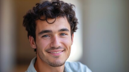 Obraz premium Youthful Smiling Man with Curly Hair and Blue Eyes, Casual Appearance, Natural Light Portrait, Suitable for Social Media, Lifestyle, Advertisement, Diversity Representation