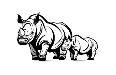 Fototapeta premium Drawing of a mother and baby rhino, black lines, white background.
